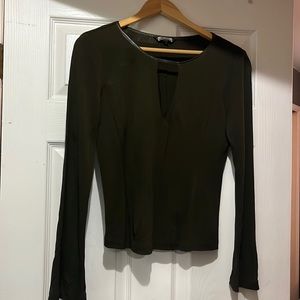 Olive green long sleeve crepe top. Leather trim around neck.   Like new